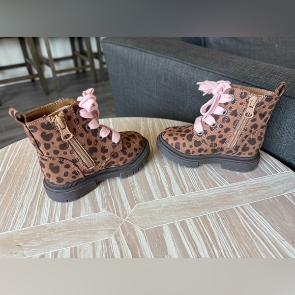 Cat & Jack|Baby toddler girl Leopard Print Kids chunky combat Boots w Pink Lace• - Picture 5 of 8